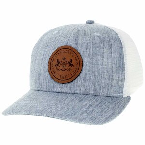 trucker hat melange light blue with white back and leather patch The Pennsylvania State University 1855 seal